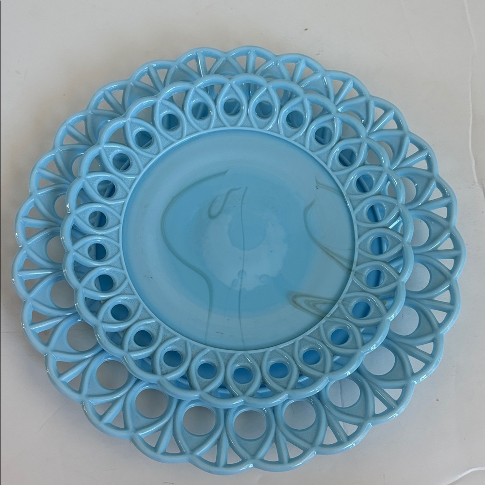 Challinor & Taylor blue milk glass slag glass 8” and 10” scroll and eye plates - Picture 13 of 14